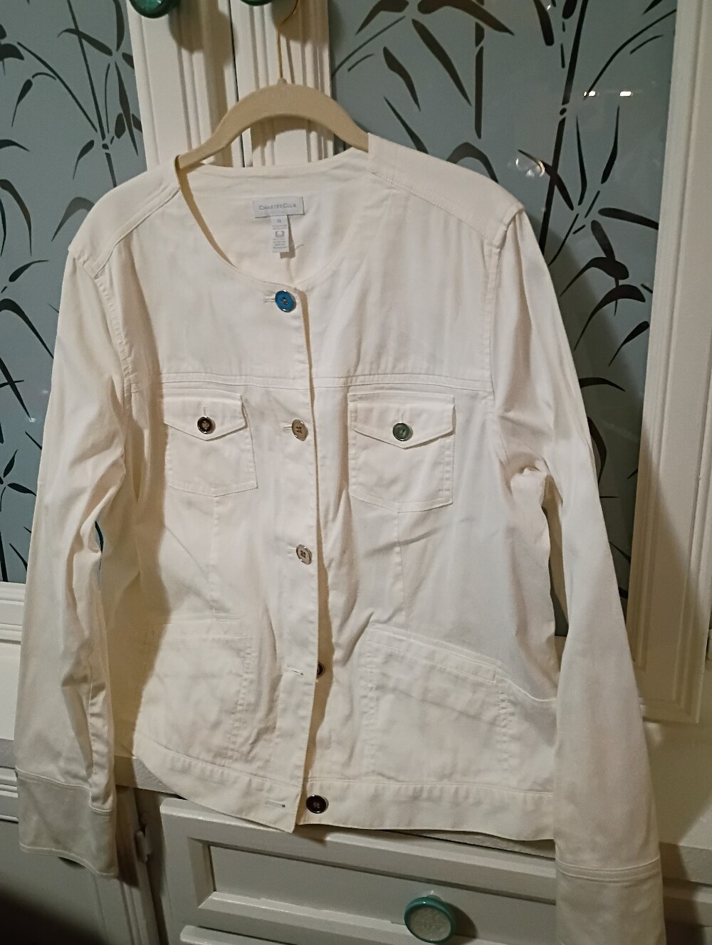 Charter Club White Collarless Button-Front Jean Jacket